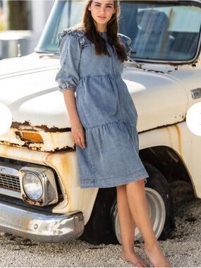 Light Blue Denim Tiered Long-Sleeve Dress with Ruffle Shoulders
